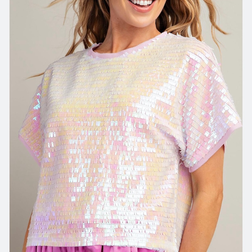 Chiffon sequins pink top NWT. It is a boxy cropped fit true to size
